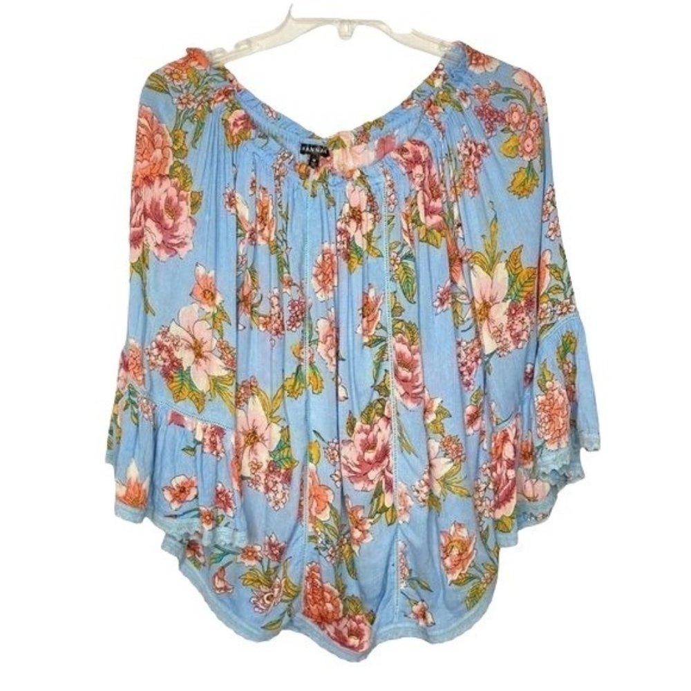 Hannah Boho Off-Shoulder Floral Bell Sleeve Blue Gauze Blouse Top Medium